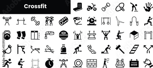 A diverse collection of CrossFit icons representing various exercises and equipment, showcasing strength training, conditioning, and overall fitness lifestyle.