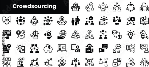 A diverse collection of black and white icons representing crowdsourcing concepts, including teamwork, collaboration, and creativity.