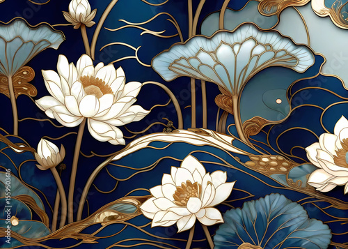 This collection showcases ten distinct artistic renderings of lotus flowers and blossoming motifs, each exhibiting a sophisticated blend of gold outlines, white petals, and varying shades of blue back