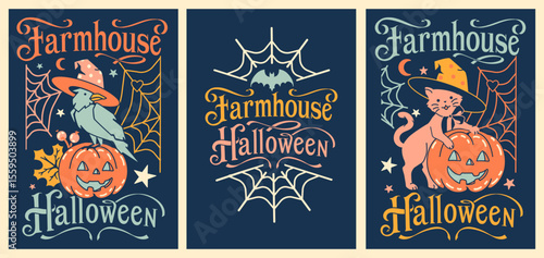 Vintage farmhouse Halloween poster with spooky oddities, jack-o’-lanterns, and festive typography. Perfect for T-shirts, wall art, or quirky autumn decor