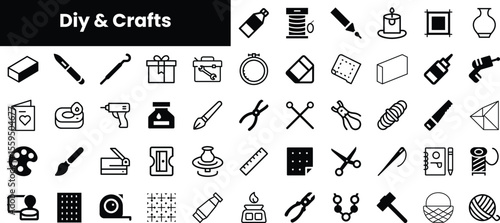 A collection of black and white icons representing DIY and crafts tools, including scissors, glue, paintbrushes, and various other craft supplies arranged neatly.