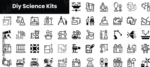 A collection of DIY science kits and tools, featuring various icons like test tubes, microscopes, and projectors, showcasing creativity and exploration in science.