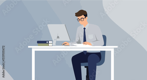 A vector illustration depicts a professional man working at his desk, engrossed in his computer, possibly analyzing data or managing tasks in an office setting.