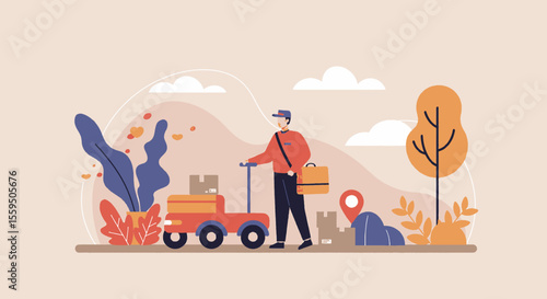 A friendly delivery person pushes a hand truck loaded with packages, illustrating efficient logistics and modern e-commerce services.