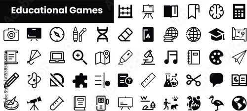 A collection of educational game icons featuring various symbols like books, globes, and tools, designed to enhance learning and creativity for all ages.