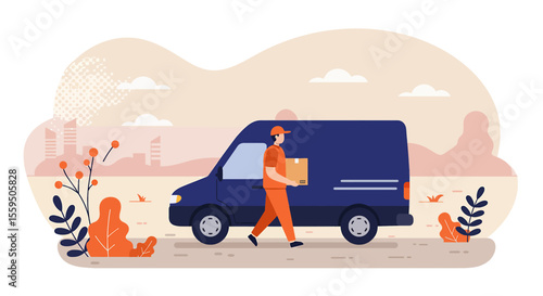 A delivery person carries a package towards a van, symbolizing logistics and efficient transport services in a modern, stylized urban environment.