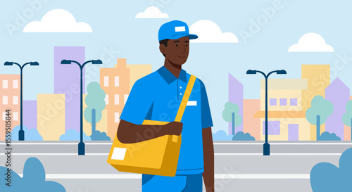 A delivery man in a blue uniform walks through the city with a yellow bag, representing efficient service and urban logistics, showcasing a modern delivery system.
