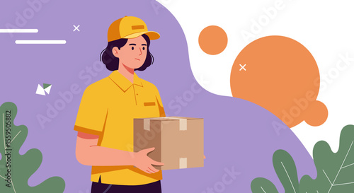 A professional female delivery person in a yellow uniform holds a cardboard package, representing efficient e-commerce logistics and fast shipping services.