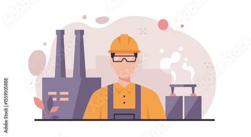 An illustrated factory worker stands in front of an industrial plant, wearing a safety helmet and glasses, representing the manufacturing industry and labor.