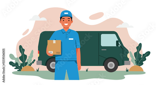 A friendly delivery man in a blue uniform holds a package, standing cheerfully in front of his green delivery van, ready for service.