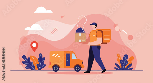 An illustrated delivery person carrying a package walks from a delivery van with a map pin in a vibrant, modern graphic design.