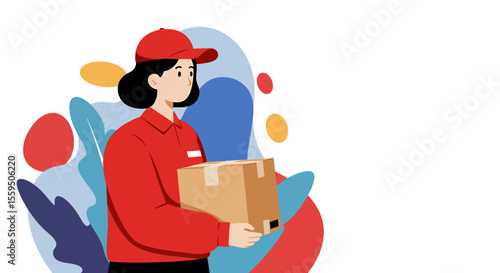 A delivery person in a red uniform carries a cardboard box, with colorful abstract shapes in the background, representing fast and reliable shipping services.