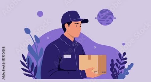 a delivery person in a blue uniform holding a brown box, with a planet and plants in the background. Suitable for landing page, banner, marketing, web design, presentation, infographic, etc.