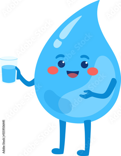 Thirsty Water Drop Character Drinking a Glass of Water

