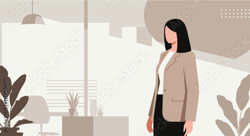 a woman standing in an office setting, with a neutral color palette and minimalist design. Suitable for landing page, banner, marketing, web design, presentation, infographic, etc.
