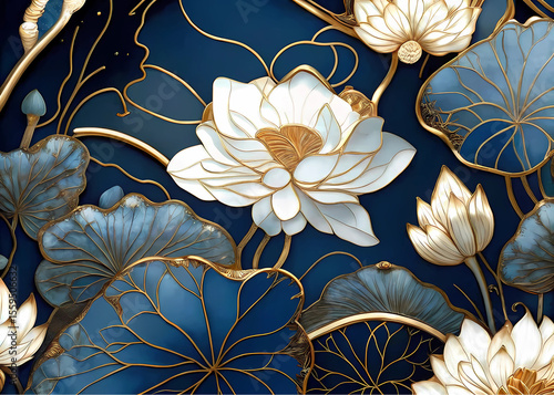 This collection showcases ten distinct artistic renderings of lotus flowers and blossoming motifs, each exhibiting a sophisticated blend of gold outlines, white petals, and varying shades of blue back