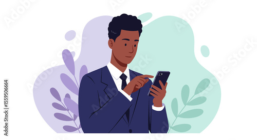 a man in a suit is looking at his phone