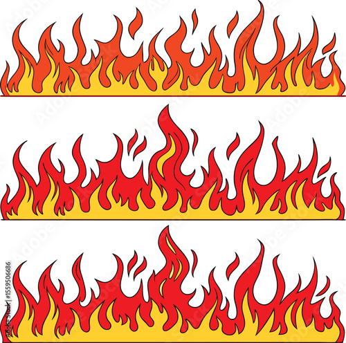 Three rows of stylized cartoon flames in red and yellow with black outlines isolated on a white background representing heat and energy