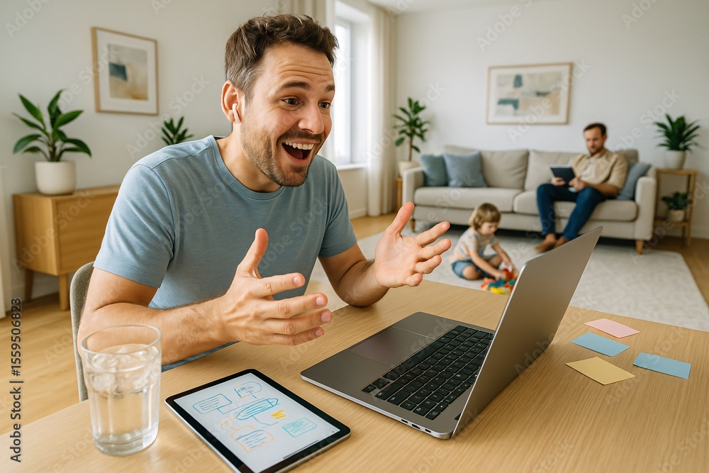 Smiling man engaged in a remote video meeting at home, with tablet and laptop on desk. In the background, partner reads tablet while child plays with blocks. Bright daylight and calm family vibe. Smiling man engaged in a remote video meeting at home, with tablet and laptop on desk. In the background, partner reads tablet while child plays with blocks. Bright daylight and calm family vibe.