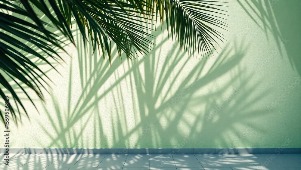 Fototapeta premium Palm fronds cast shadows on a light green wall, creating a tropical, minimalist aesthetic.