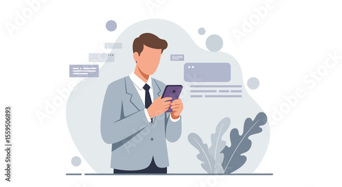 A businessman in a gray suit is attentively using his smartphone, checking messages and notifications, in a minimalist, modern design style, suitable for business, technology, or communication