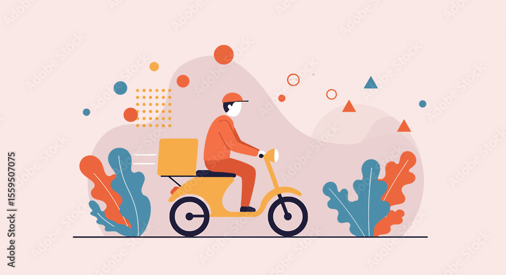 A modern flat illustration shows a delivery person riding a scooter with a box, symbolizing fast and efficient courier services. A modern flat illustration shows a delivery person riding a scooter with a box, symbolizing fast and efficient courier services.