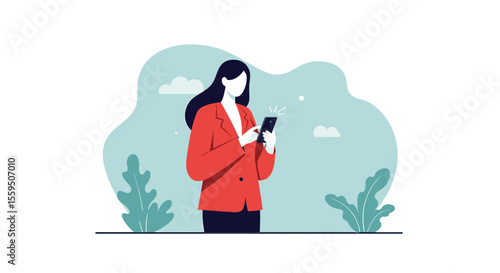 Modern woman in a red blazer uses her smartphone outdoors with abstract green foliage and clouds in the background.