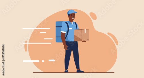 A smiling delivery person of African descent, wearing a cap and carrying a box and insulated bag, hurries against a blurred orange background, representing fast and efficient shipping.