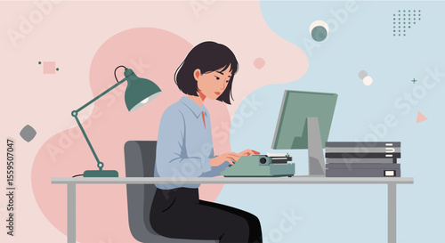 An illustration depicts a woman sitting at her desk, typing on a vintage typewriter, with a computer monitor nearby, and a soft, abstract background.