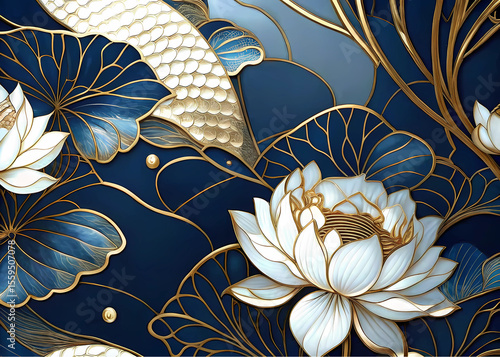 This collection showcases ten distinct artistic renderings of lotus flowers and blossoming motifs, each exhibiting a sophisticated blend of gold outlines, white petals, and varying shades of blue back