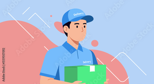 A friendly male delivery person in a blue uniform holds a package, ready to provide fast and efficient service against an abstract background.