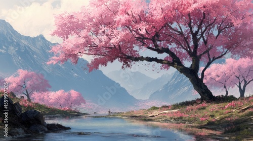 Beautiful cherry blossom trees painting landscape with mountains and river scenery