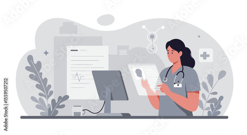 Female healthcare professional uses advanced holographic technology for medical data analysis and patient care in a futuristic setting.