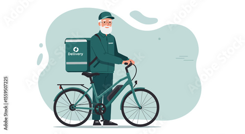 A senior bearded delivery man in a green uniform stands beside his electric bicycle equipped with a large insulated bag, ready for eco-friendly urban transport.