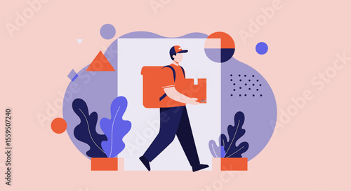 A delivery man in a cap is carrying a parcel on his back, walking through a doorway against a light pink background with decorative shapes and plants.