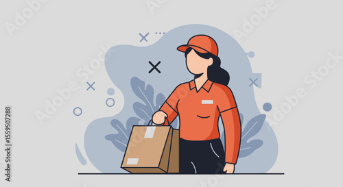 A professional female delivery person in an orange uniform holds two paper bags, ready for efficient home delivery service, in a modern flat design.