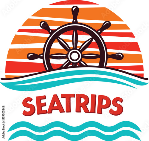 Nautical logo featuring a ship s wheel against a stylized sunset over ocean waves with the word seatrips