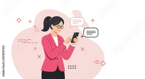 a woman in a pink jacket is looking at her phone