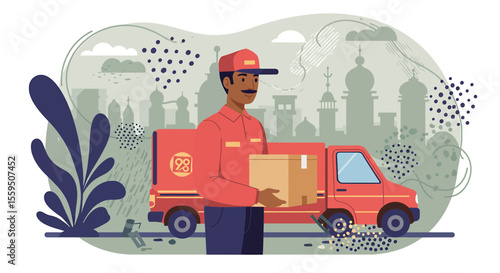 A delivery man in a red uniform carries a package in front of a delivery truck with a city skyline in the background, showcasing efficient service.