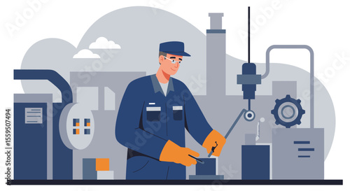 Illustration showcasing a factory worker in blue overalls operating industrial machinery, highlighting manufacturing processes and the importance of skilled labor in industry.