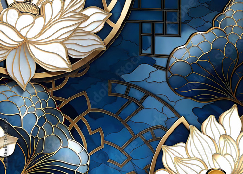 This collection showcases ten distinct artistic renderings of lotus flowers and blossoming motifs, each exhibiting a sophisticated blend of gold outlines, white petals, and varying shades of blue back
