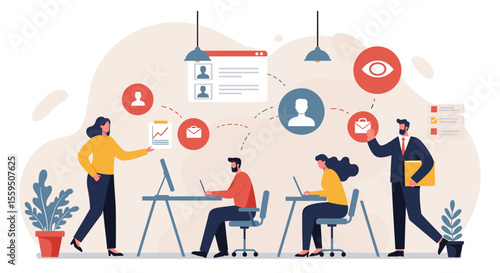 a modern office scene with three individuals engaged in work, surrounded by various digital tools and icons. Suitable for landing page, banner, marketing, web design, presentation, infographic, etc.