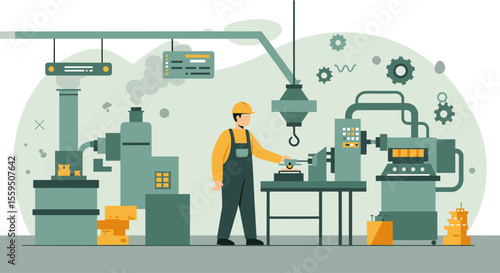 A worker in a yellow hardhat operates machinery in a factory setting, highlighting manufacturing processes and industrial automation with a modern, stylized illustration.