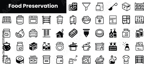 A variety of food preservation icons including jars, containers, and tools used for storing and preserving food, highlighting diverse methods and techniques.