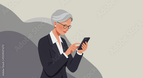 An elegant senior businesswoman in a suit and glasses uses her smartphone, engaging with technology in a modern, abstract professional setting.