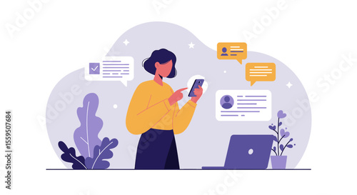 A modern illustration depicts a woman engaged with her smartphone, receiving various digital notifications and messages in a connected online environment.