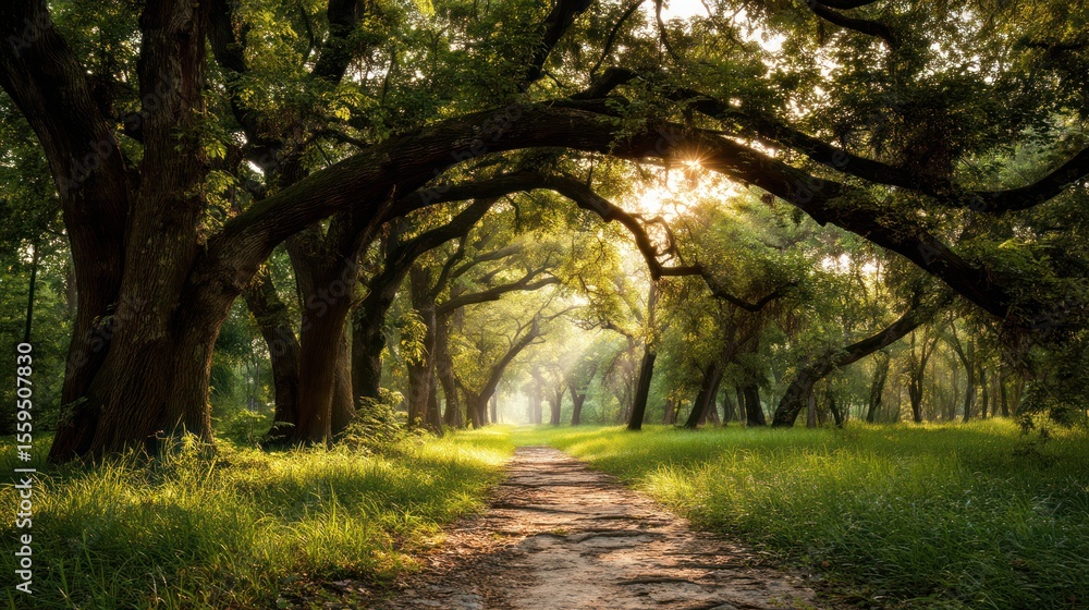 Obraz premium Pathway through lush green forest with sunlight shining through the trees nature scene