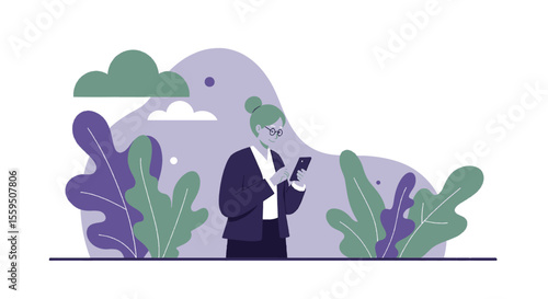 A professional woman in a suit uses her smartphone outdoors amidst stylized foliage and abstract shapes, conveying modern communication.