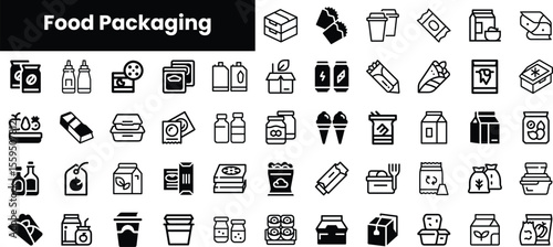 A collection of black and white icons representing various food packaging types, including bottles, boxes, and cups, showcasing diversity in food presentation.