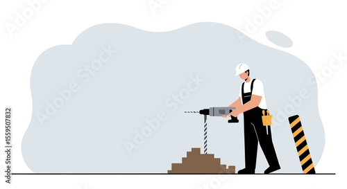 A construction worker in a hard hat uses a powerful jackhammer to break up concrete on a building site with safety barriers nearby.